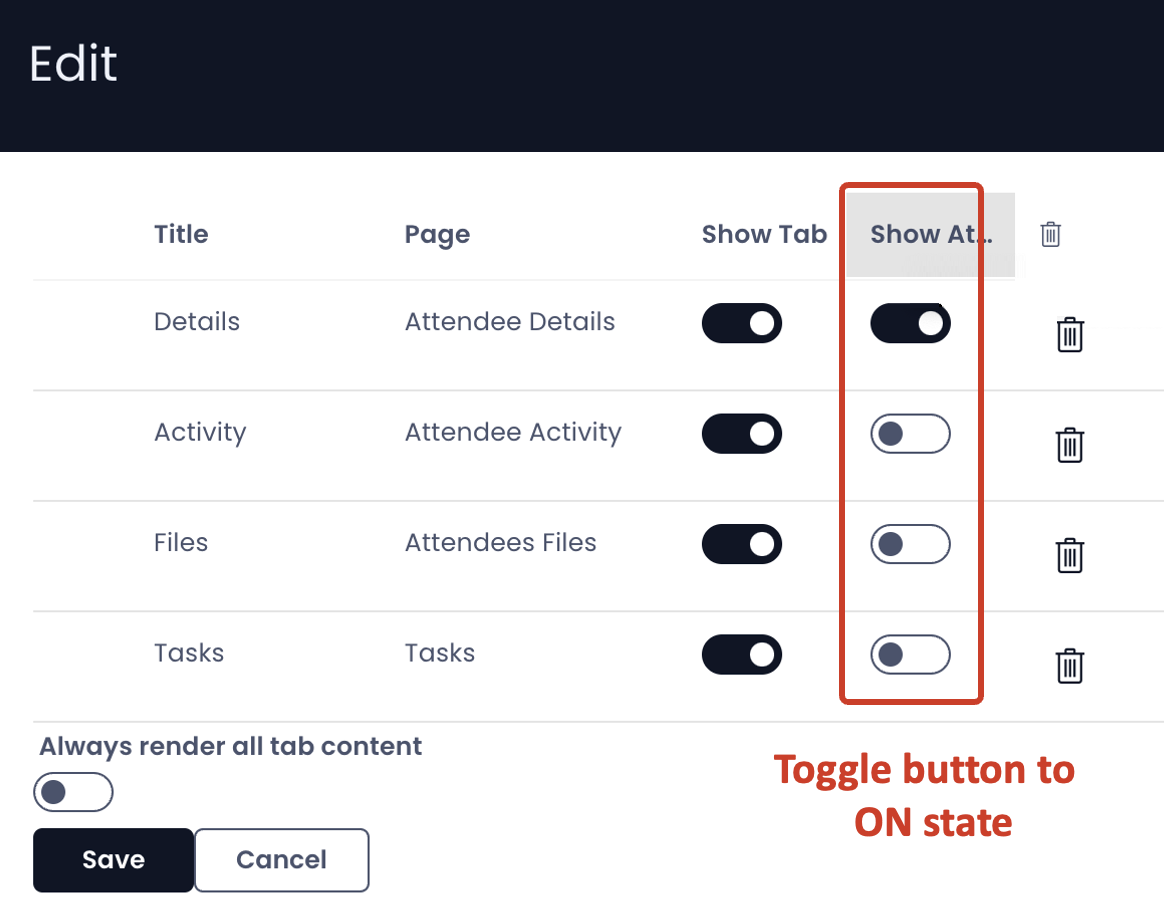 A screenshot that demonstrates how to set the &quot;Show Attachments&quot; toggle so that users can see attachments on different tab strips of an item page.